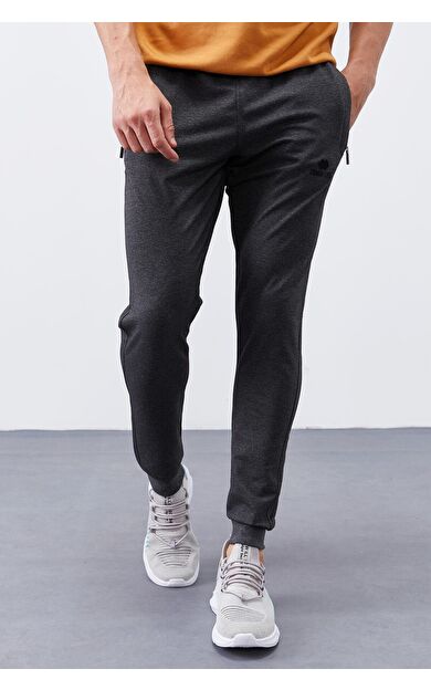 TommyLife Antrasit Melanj Fermuar Cepli Dar Kalıp  Jogger Erkek Eşofman Alt - 84343