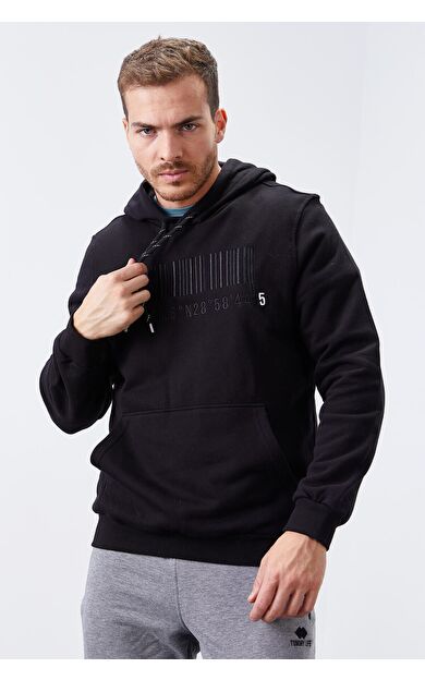 TommyLife Siyah Nakışlı Kanguru Cep Standart Kalıp Kapüşonlu Erkek Sweatshirt - 87839