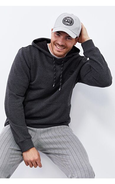 TommyLife Antrasit Melanj Kanguru Cep Standart Kalıp Kapüşonlu Erkek Sweatshirt - 87872