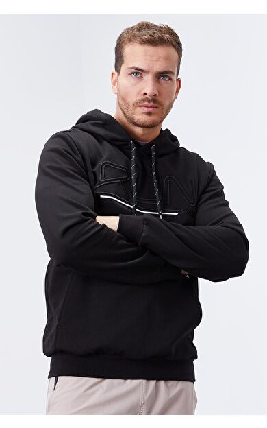 TommyLife Siyah Yazı Nakışlı Standart Kalıp Kapüşonlu Erkek Sweatshirt - 87887