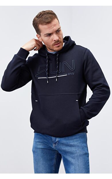 TommyLife Lacivert Yazı Nakışlı Standart Kalıp Kapüşonlu Erkek Sweatshirt - 87887