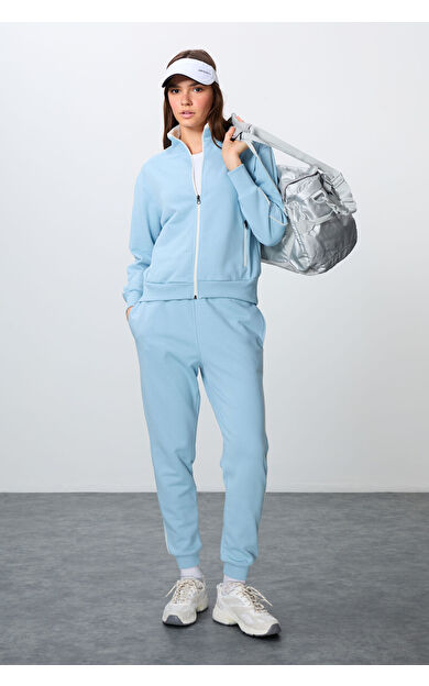 Açık Mavi Kompakt Pamuklu Kalın Pürüzsüz Dokulu Dik Yaka Oversize Fit Kadın Eşofman Takım - 95340