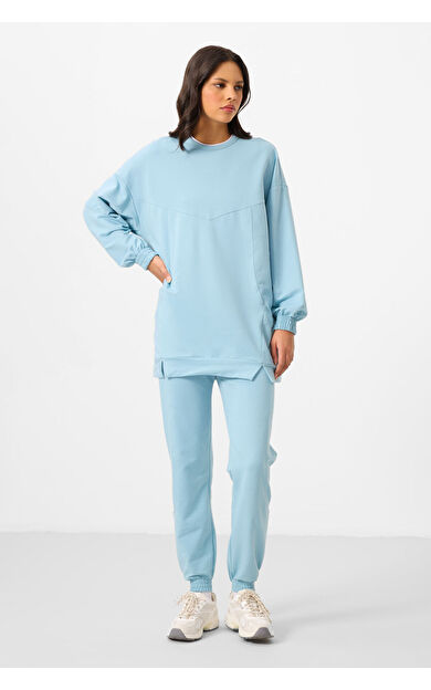 Açık Mavi O Yaka Basic Oversize Kadın Eşofman Tunik Takım - 95347