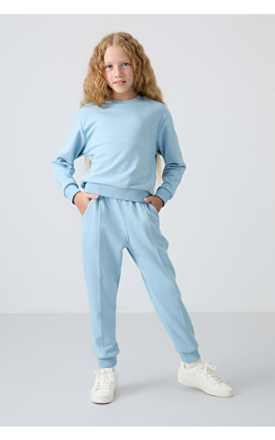 Açık Mavi Pamuklu İçi Tüylü Yumuşak Dokulu Oversize Nakışlı Kız Çocuk Eşofman Takım - 75145