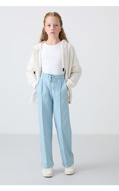 Açık Mavi Cepli Ön Dikiş Detaylı Geniş Paça Kız Çocuk Eşofman Altı -75144