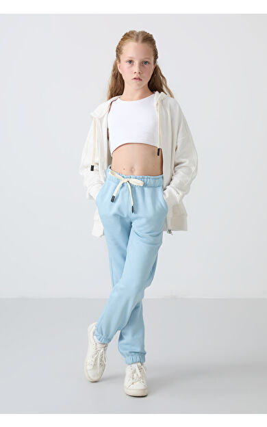 Açık Mavi Pamuklu İçi Tüylü Yumuşak Dokulu Standart Fit Nakışlı Kız Çocuk Eşofman Alt - 75158