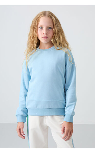 Açık Mavi Pamuklu İçi Tüylü Yumuşak Dokulu Oversize Nakışlı Kız Çocuk Sweatshirt - 75150