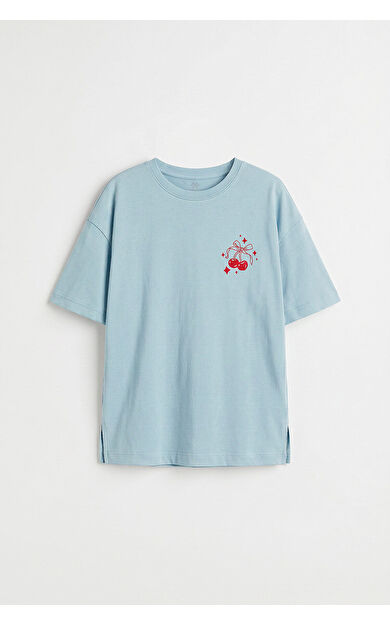 YENİ Açık Mavi Oversize Kısa Kollu Baskılı Kız Çocuk T-Shirt - 75176