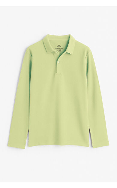 Açık Yeşil Polo Yaka Basic Uzun Kollu Erkek Çocuk T-Shirt - 11170