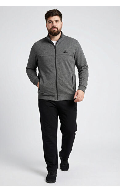 Antrasit Melanj - Siyah Dik Yaka Battal Büyük Beden Erkek Eşofman Takım - 85176