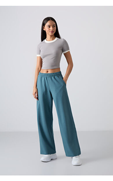 Orman Yeşili Yüksek Bel Cepli Rahat Form Geniş Paça Kadın Eşofman Alt - 94567