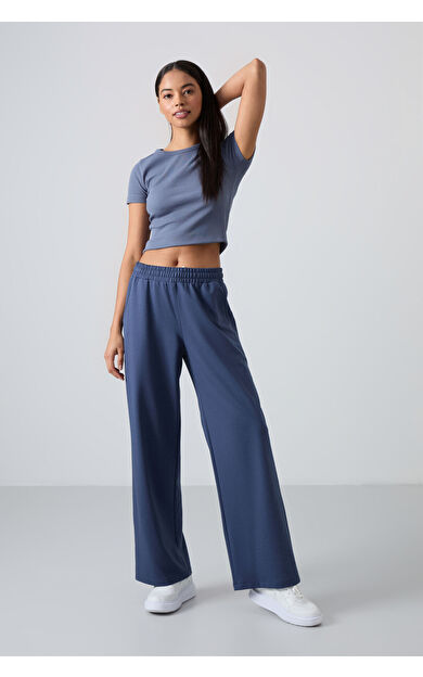 Petrol Yüksek Bel Cepli Rahat Form Geniş Paça Kadın Eşofman Alt - 94567