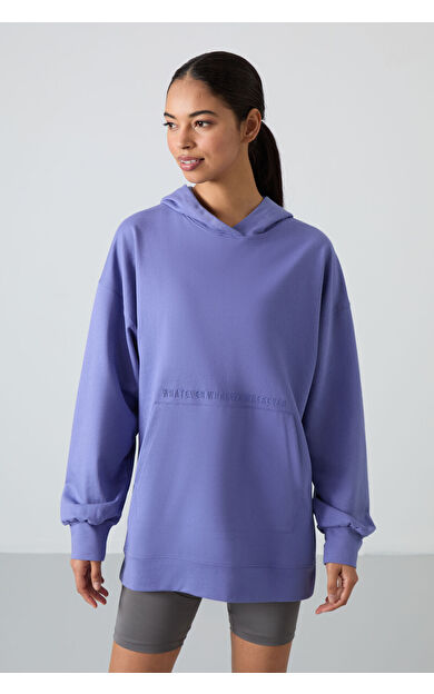 Eflatun Balon Kol Yazı Nakışlı Kadın Oversize Tunik Sweatshirt - 97163