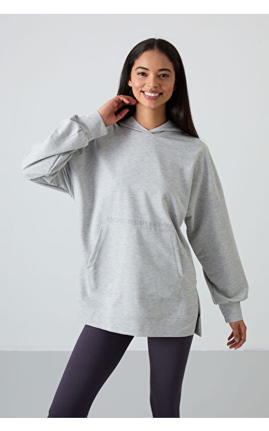 Gri Melanj Balon Kol Yazı Nakışlı Kadın Oversize Tunik Sweatshirt - 97163
