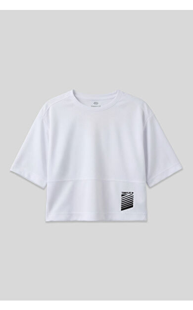 Beyaz Nefes Alan Dokulu İnce Esnek Oversize Fit Performans Kadın T-Shirt - 97284