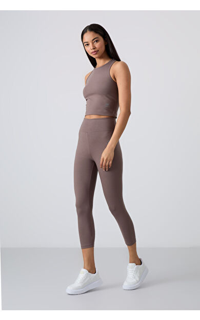 Kahverengi Yüksek Bel Kapri-Crop Atlet Slim Fit Kadın Tayt Takım - 95284