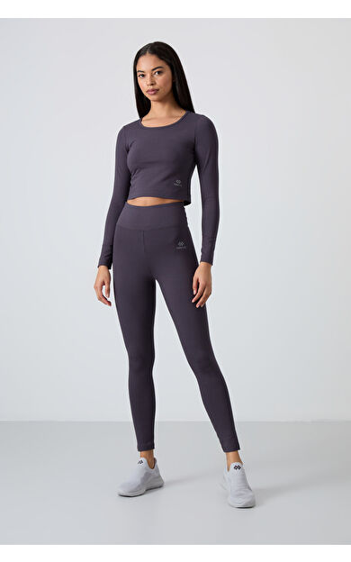 Antrasit Yüksek Bel Uzun Kollu Slim Fit Crop Top Kadın Tayt Takım - 95286