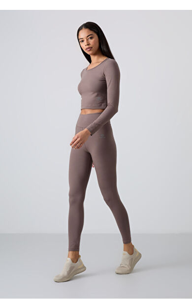 Kahvrengi Yüksek Bel Uzun Kollu Slim Fit Crop Top Kadın Tayt Takım - 95286