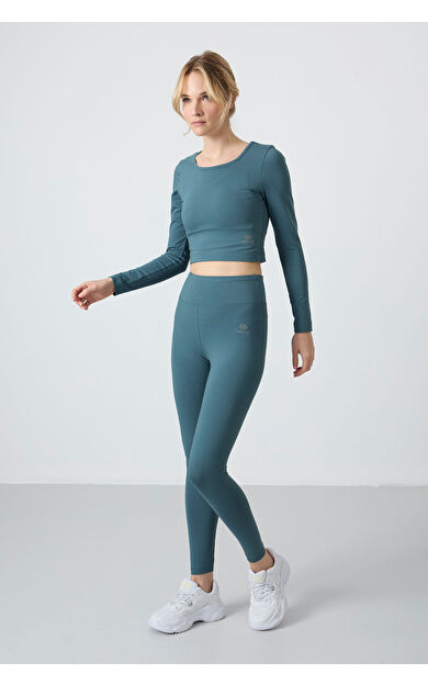 Orman Yeşili Yüksek Bel Uzun Kollu Slim Fit Crop Top Kadın Tayt Takım - 95286