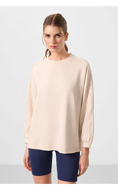 Bej Yumuşak Dokulu O Yaka Oversize Kadın Tunik Sweatshirt - 97303