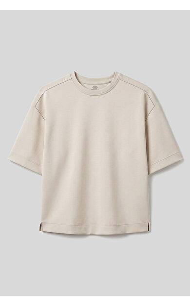 Bej O Yaka Oversize Kısa Kollu Kadın T-Shirt - 97316