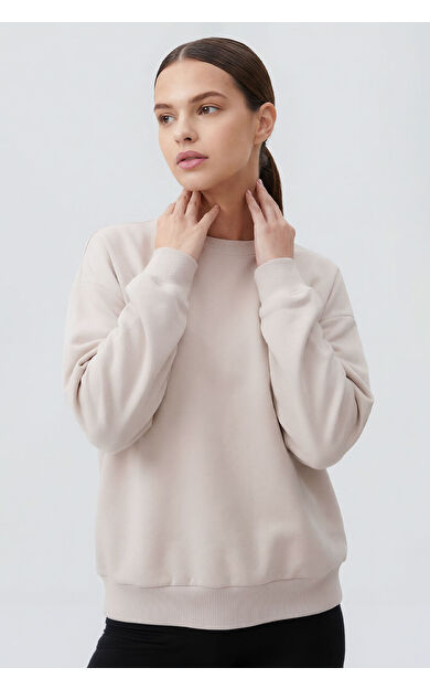 Bej Basic O Yaka Oversize Kadın Sweatshirt - 97053