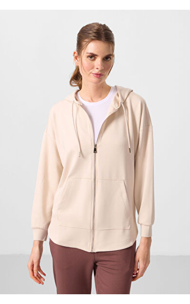 TommyLife Bej Yumuşak Dokulu Kapüşonlu Oversize Kadın Tunik Sweatshirt - 97302