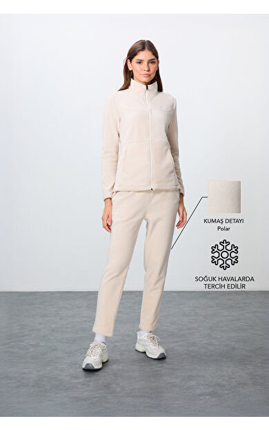 Bej Kalın Yumuşak Dokulu Dik Yaka Oversize Nakışlı Polar Kadın Eşofman Takım -95339