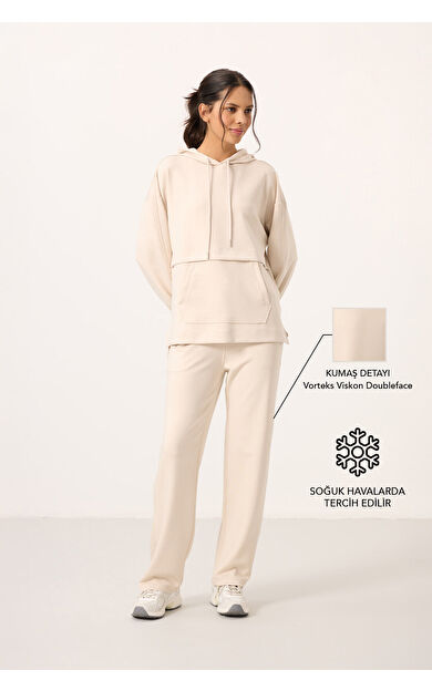 Bej Yumuşak Dokulu Kapüşonlu Oversize Kadın Eşofman Tunik Takım - 95348