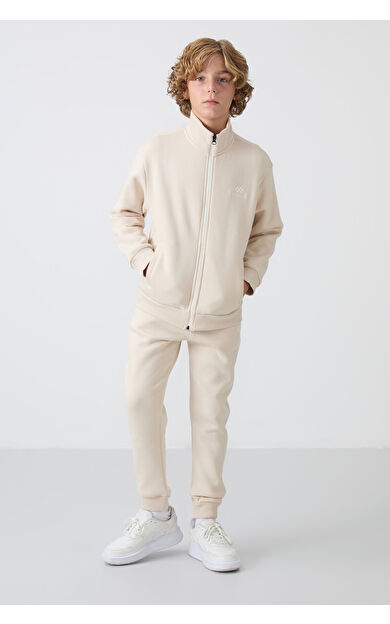 Bej Pamuklu Kalın İçi Tüylü Yumuşak Dokulu Standart Fit Nakışlı Erkek Çocuk Eşofman Takım - 11256
