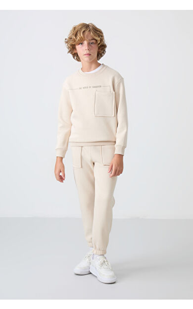 Bej Pamuklu Kalın İçi Tüylü Yumuşak Dokulu Standart Fit Baskılı Erkek Çocuk Eşofman Takım - 11257