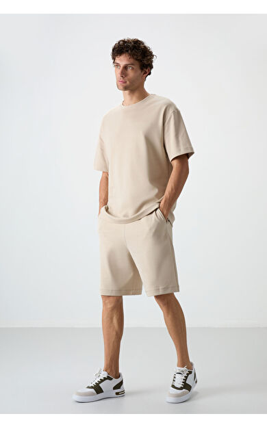 Bej Oversize Fit Basic Erkek Şort Takım - 85292