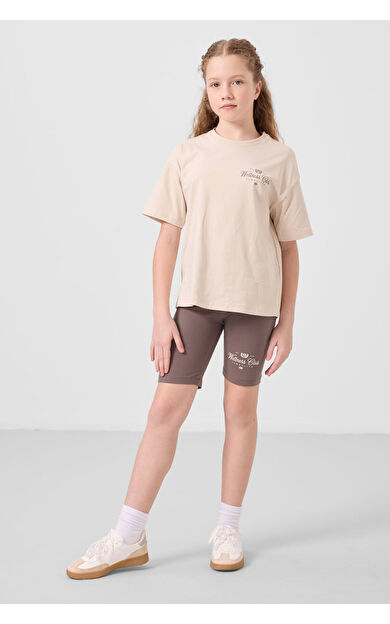 Bej-Kahverengi Pamuklu O Yaka Standart Fit Baskılı Kız Çocuk Tayt Takım - 75190