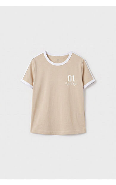 YENİ Bej Omuz Biye Detaylı Baskılı Kız Çocuk T-Shirt - 75181