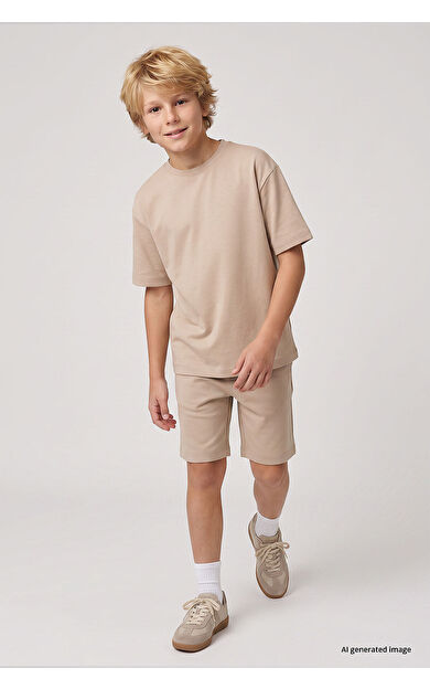 Yeni Bej Oversize Fit Basic Erkek Çocuk Şort Takım - 11335