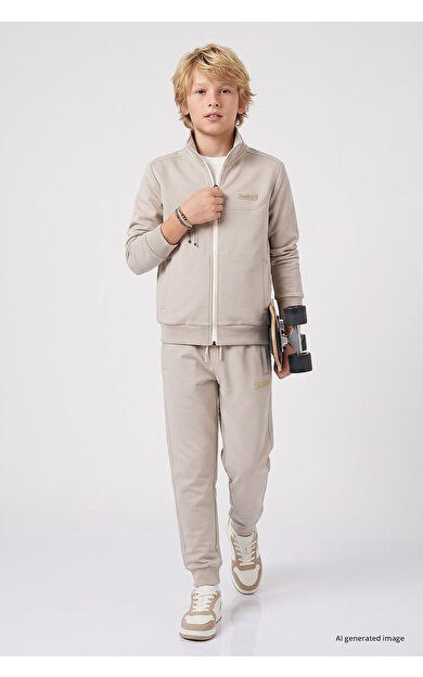 YENİ Bej Standart Fit Basic Dik Yaka Jogger Erkek Çocuk Eşofman Takım  - 11327