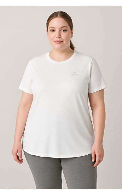 Beyaz Baskılı O Yaka Rahat Form Battal Büyük Beden Kadın T-Shirt - 97308