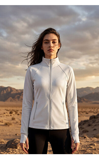Beyaz Fermuarlı Dik Yaka Basic Rahat Form Kadın Koşu Ceketi - 97310