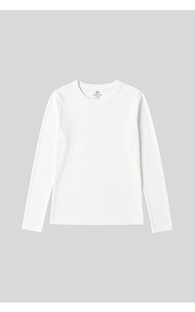 Beyaz O Yaka Standart Fit Uzun Kollu Basic Kadın T-Shirt - 97312