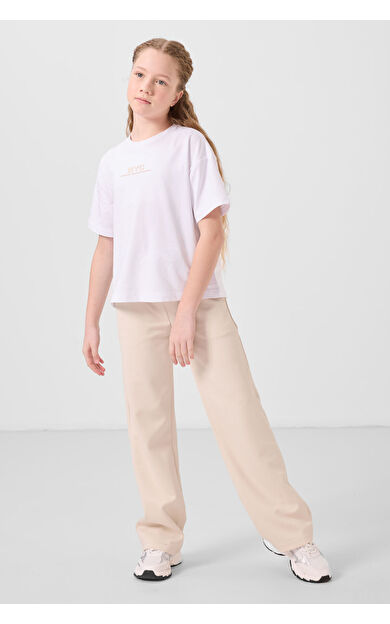 Beyaz-Bej O Yaka Baskılı Geniş Paça Standart Fit Kız Çocuk Palazzo Eşofman Takım - 75171