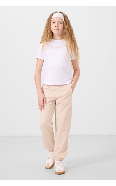 Beyaz-Bej O Yaka Baskılı Lastik Paça Kargo Cepli Kız Çocuk Eşofman Takım - 75173