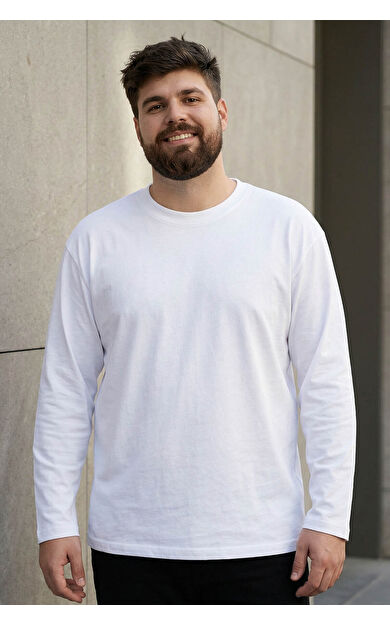 Beyaz O Yaka Rahat Form Battal Büyük Beden Uzun Kollu Erkek T-Shirt - 88107