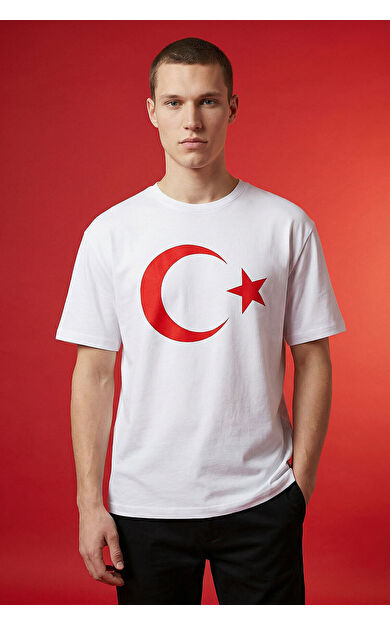 Beyaz Ay Yıldız Baskılı Unisex T-Shirt - 88509