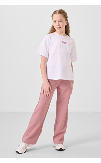 Beyaz-Gül Kurusu O Yaka Baskılı Geniş Paça Standart Fit Kız Çocuk Palazzo Eşofman Takım - 75171