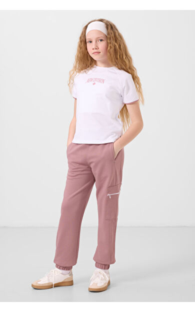 Beyaz-Gül Kurusu O Yaka Baskılı Lastik Paça Kargo Cepli Kız Çocuk Eşofman Takım - 75173