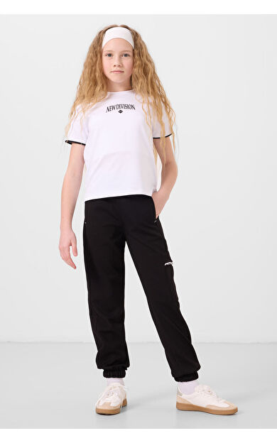 Beyaz-Siyah O Yaka Baskılı Lastik Paça Kargo Cepli Kız Çocuk Eşofman Takım - 75173