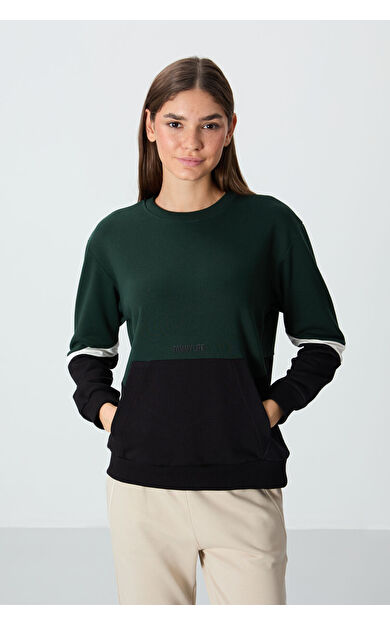 Çam Yeşili Kompakt Pamuklu Kalın Pürüzsüz Dokulu O Yaka Oversize Fit Kadın Sweatshirt - 97289