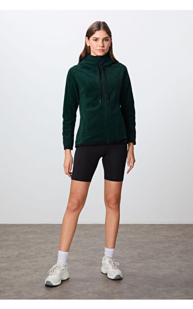 Çam Yeşili Kalın Yumuşak Dokulu Kapüşonlu Standart Fit Nakışlı Polar Kadın Sweatshirt -97287