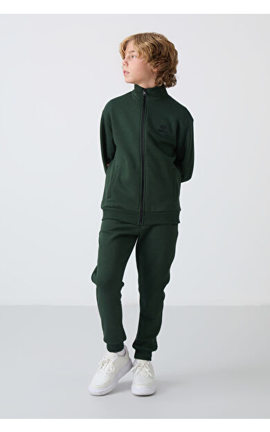Çam Yeşil Pamuklu Kalın İçi Tüylü Standart Fit Nakışlı Erkek Çocuk Eşofman Takım - 11256