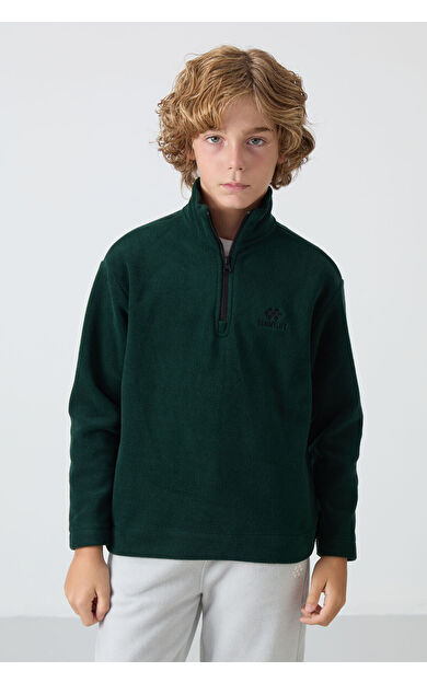 Çam Yeşil Kalın Yumuşak Dokulu Standart Fit Nakışlı Polar Erkek Çocuk Sweatshirt - 11221